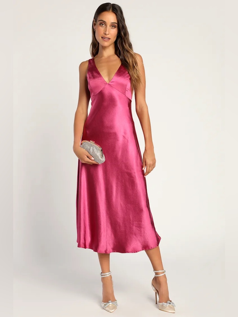 Lulus Incredible Love Magenta Satin Cowl Back Midi Slip Dress Size M NWT